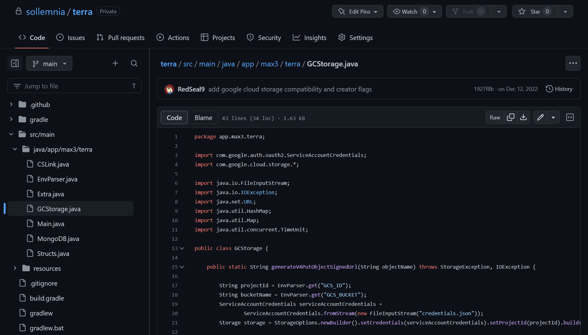 An image of GCStorage.java in the GitHub repository of sollemnia/terra